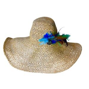Oversized Large Floppy Straw Sun Hat Brim Beach Feathers Holiday Garden